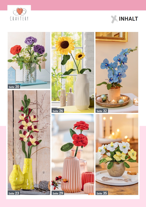 Lebhafte DIY-Blumen, detailreiche Muster. Farbenfrohe Vasen ergänzen stilvoll die handgemachten Arrangements.