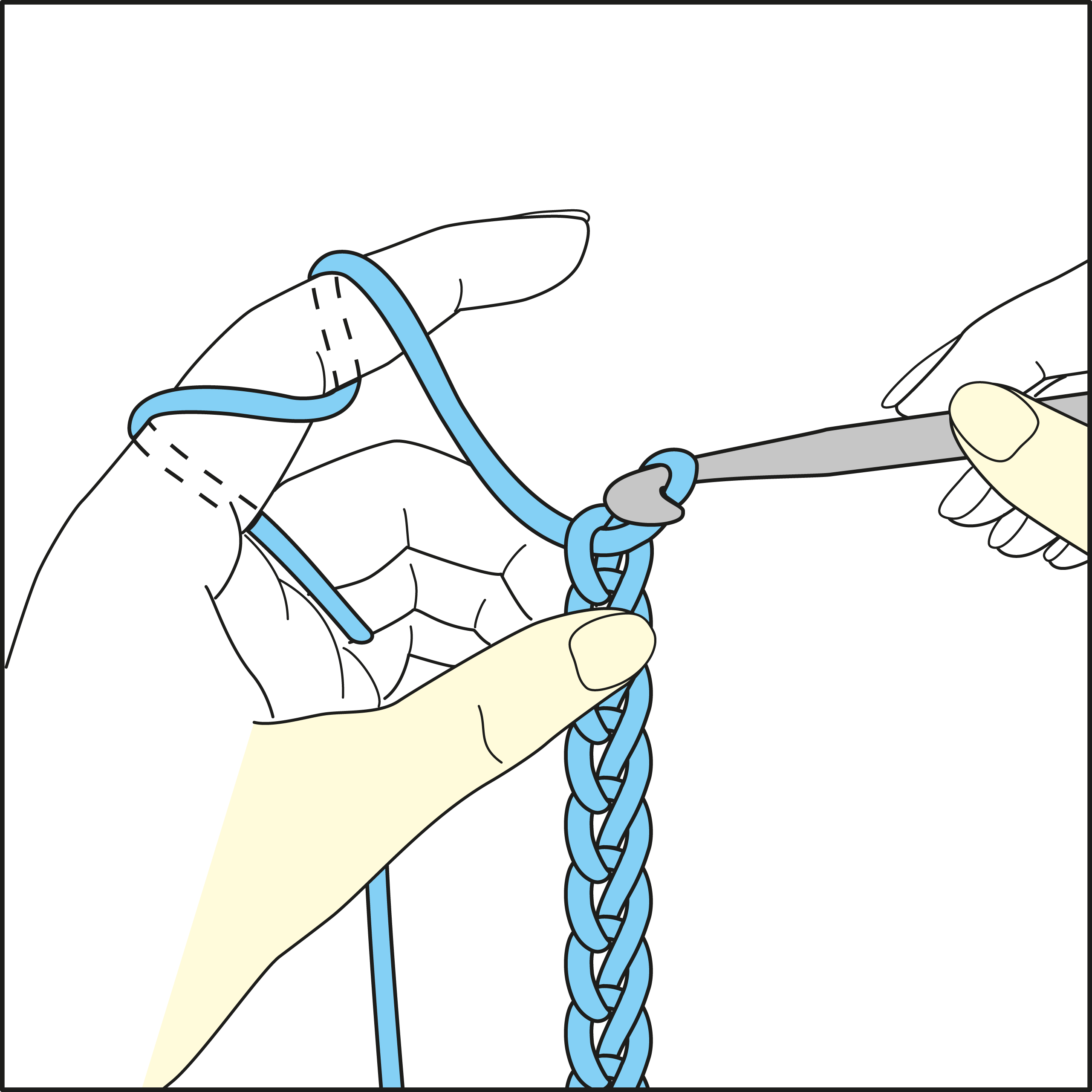 Blaue Häkelschlaufen, selbstgemacht. Handarbeit mit Häkelnadel, einfaches Muster, DIY.