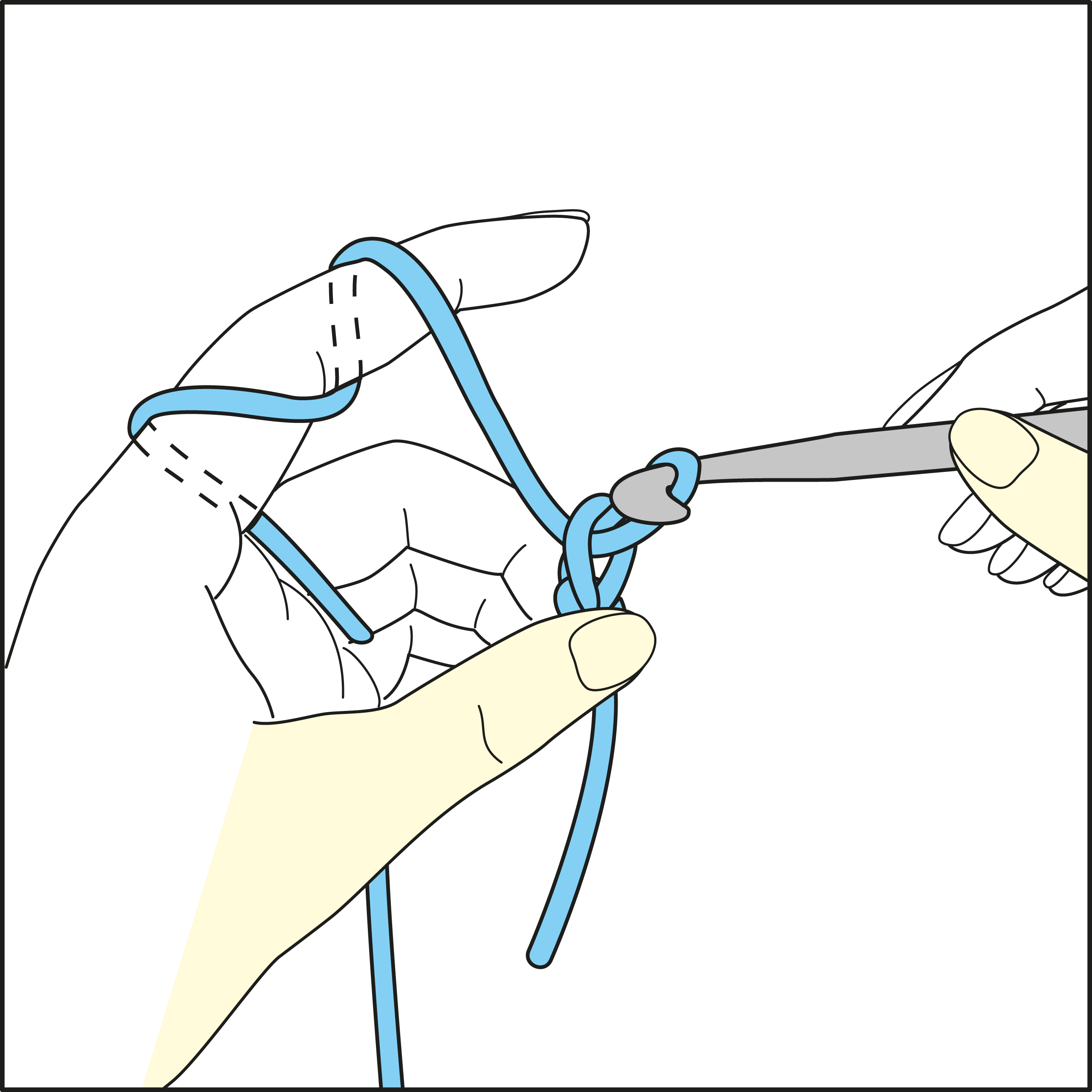 Illustration zeigt das Häkeln mit blauem Garn, kreativ und handgemacht. DIY-Handarbeit.