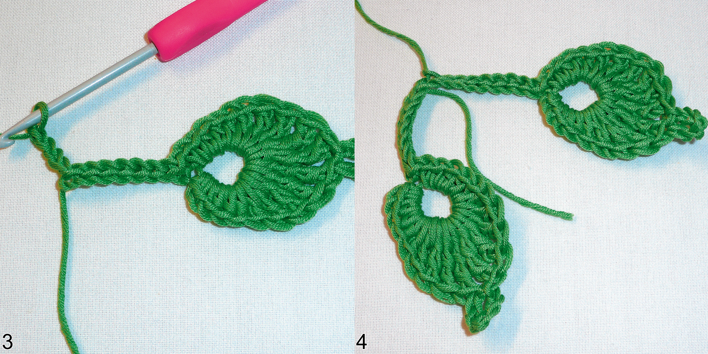 Grüne, handgemachte Häkelblätter; DIY-Design mit feinem Muster, ideal für kreative Projekte.