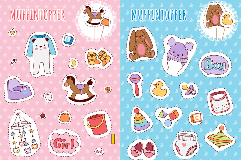 Verspielte, pastellfarbene Sticker mit Baby-Designs. Modisch, handgemacht, DIY-Dekorationen für Jungen und Mädchen.
