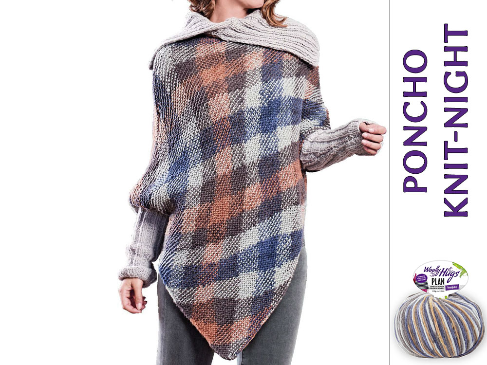 Woolly Hugs Poncho mit Kragen und Ärmel im Planned Pooling Karo-Muster