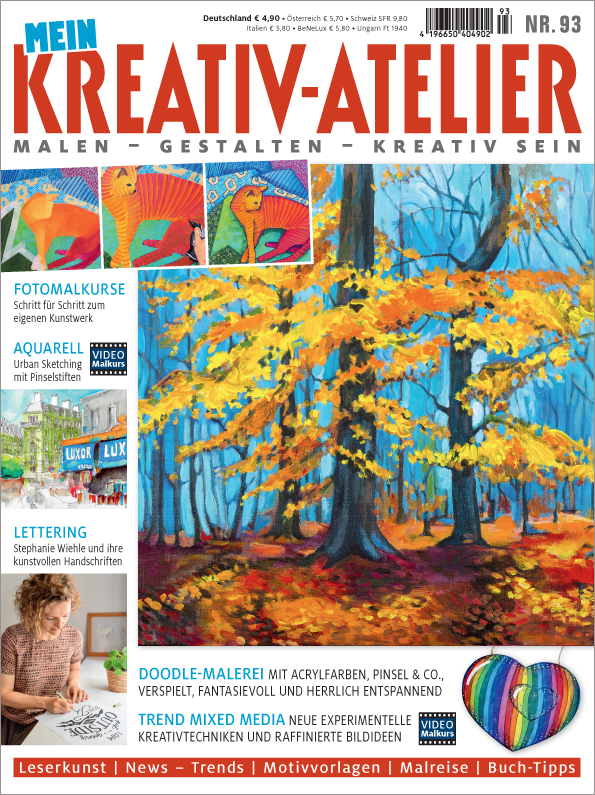 Buntes Herbstmotiv, modisch inszeniert. Acrylfarben, kreative Handarbeit, kunstvolle Maltechnik.