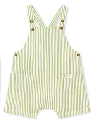 Grüner, modischer Overall mit Streifenmuster. Taschen, verstellbare Träger, handgemacht.