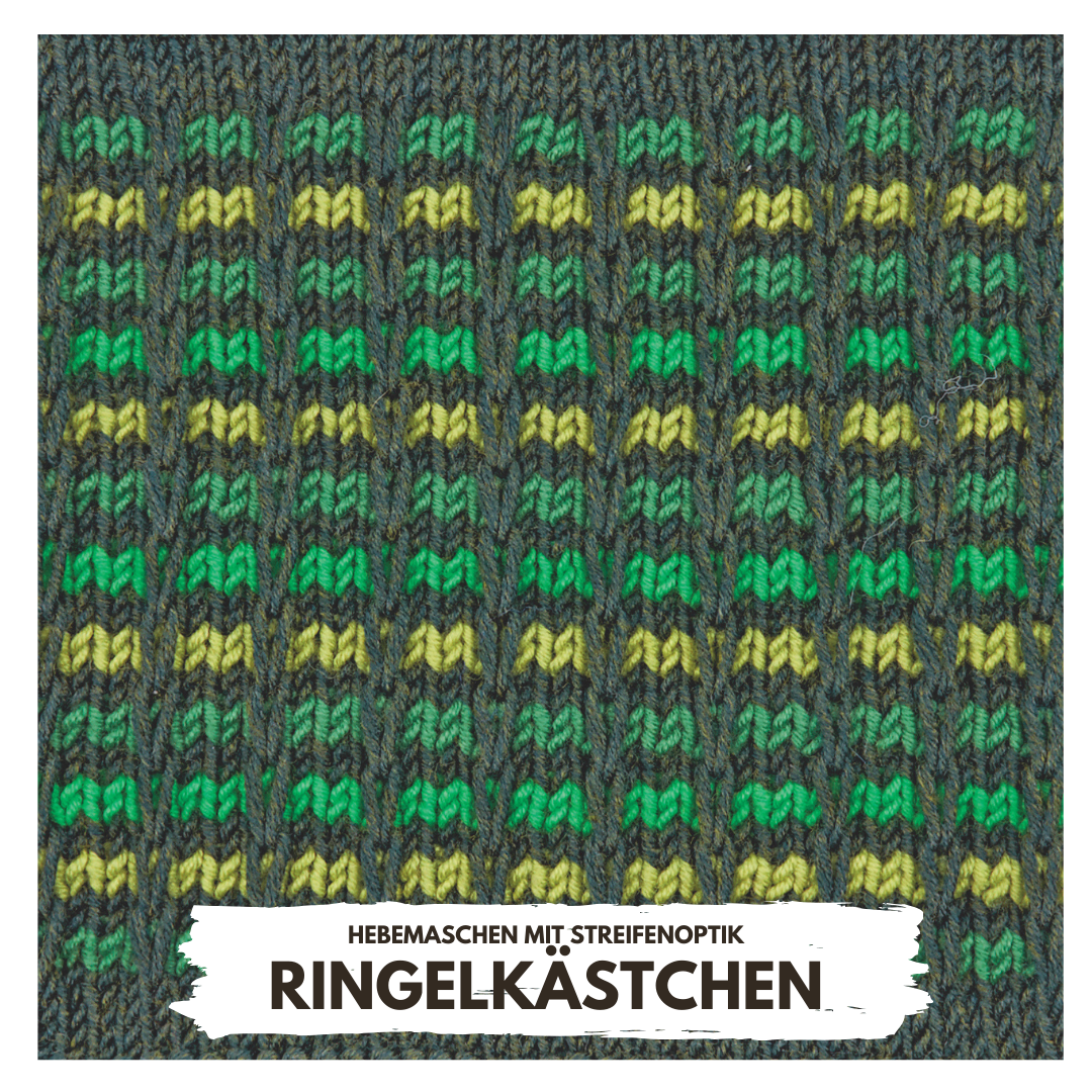 Handgestricktes Design mit grünen, gelben Streifen. Modisch, mit Hebemaschen. DIY-Charme und Kreativität.