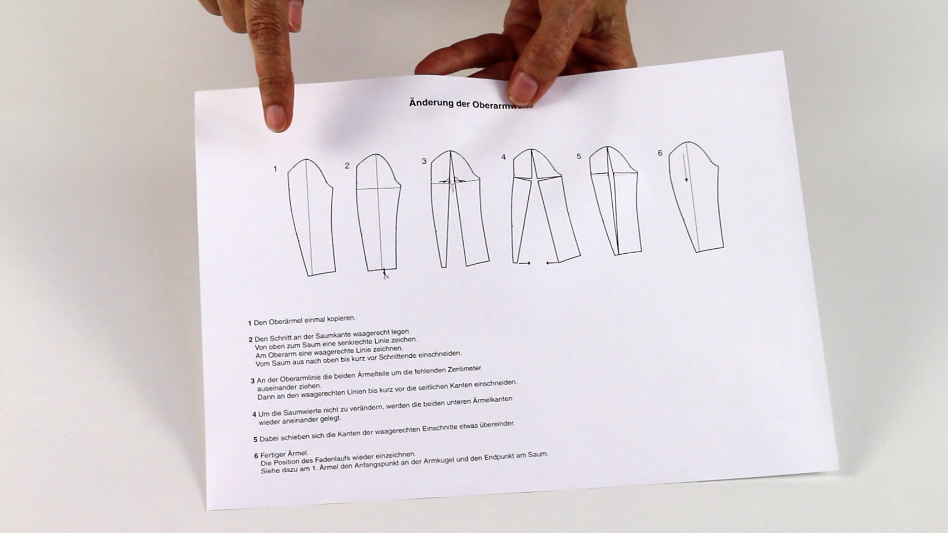 Schemazeichnung von Oberarm-Änderungen; detaillierte Handarbeitsanleitung für passgenauen Kleidungsstil.
