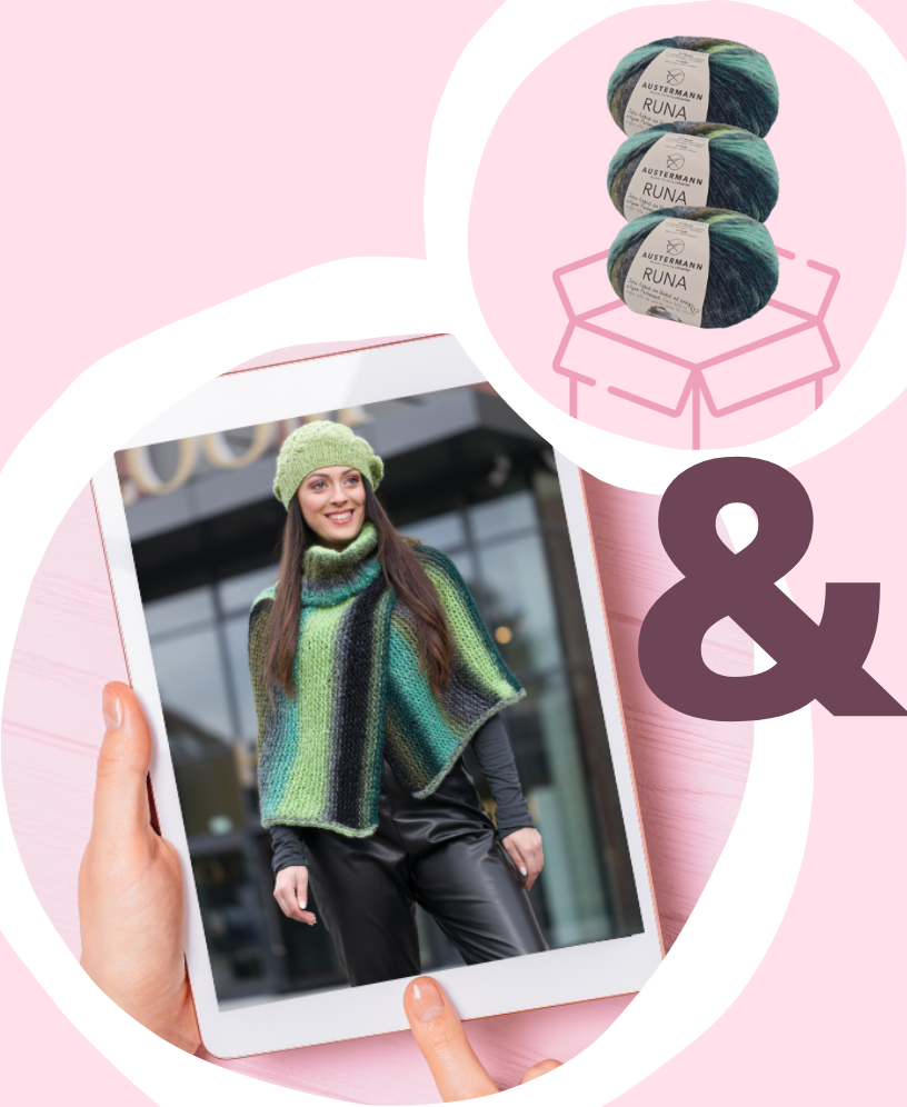 Strickset Leah - Kurzer Poncho in grünem Farbverlauf Modisches Set in Grün: Gestreiftes, handgestricktes Cape und Mütze. DIY-Kleidung mit einzigartigem Farbverlauf.