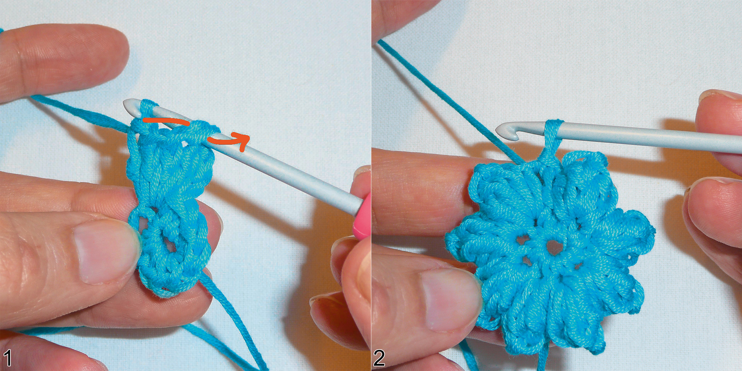 Handgemachte blau-türkis Häkelblume. Detailreiche Maschen, DIY-Charme, kreatives Design.