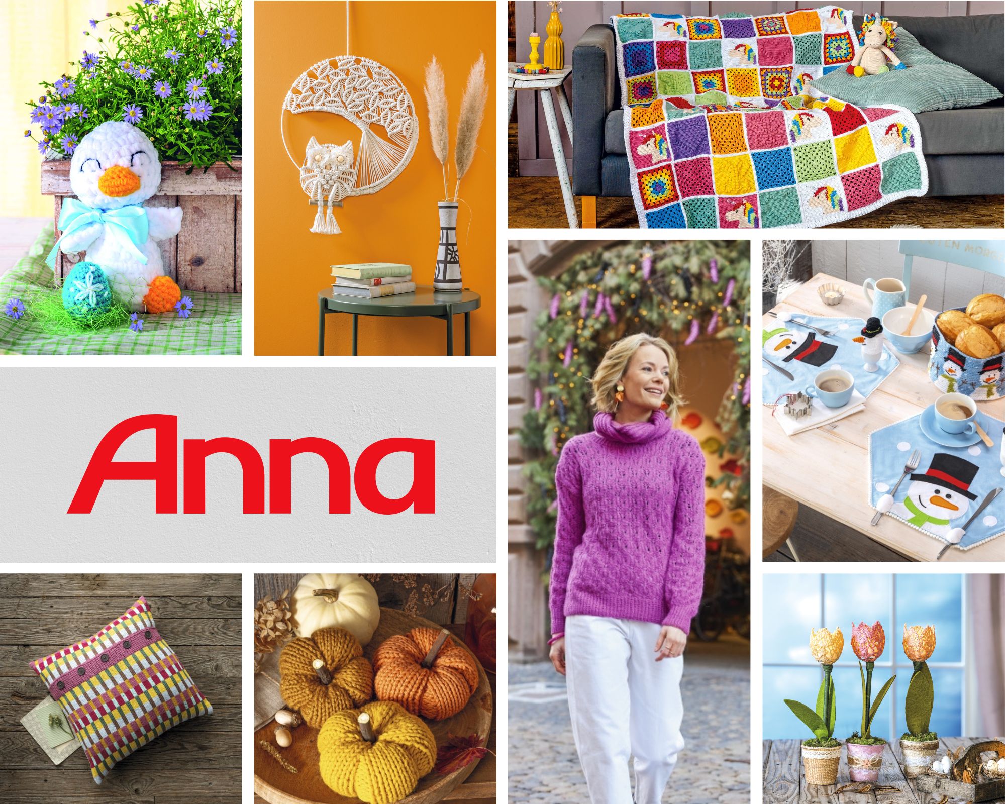 Bunte, handgemachte Textilien mit verspielten Mustern. DIY-Charme: Patchworkdecke und gestrickter Pullover.