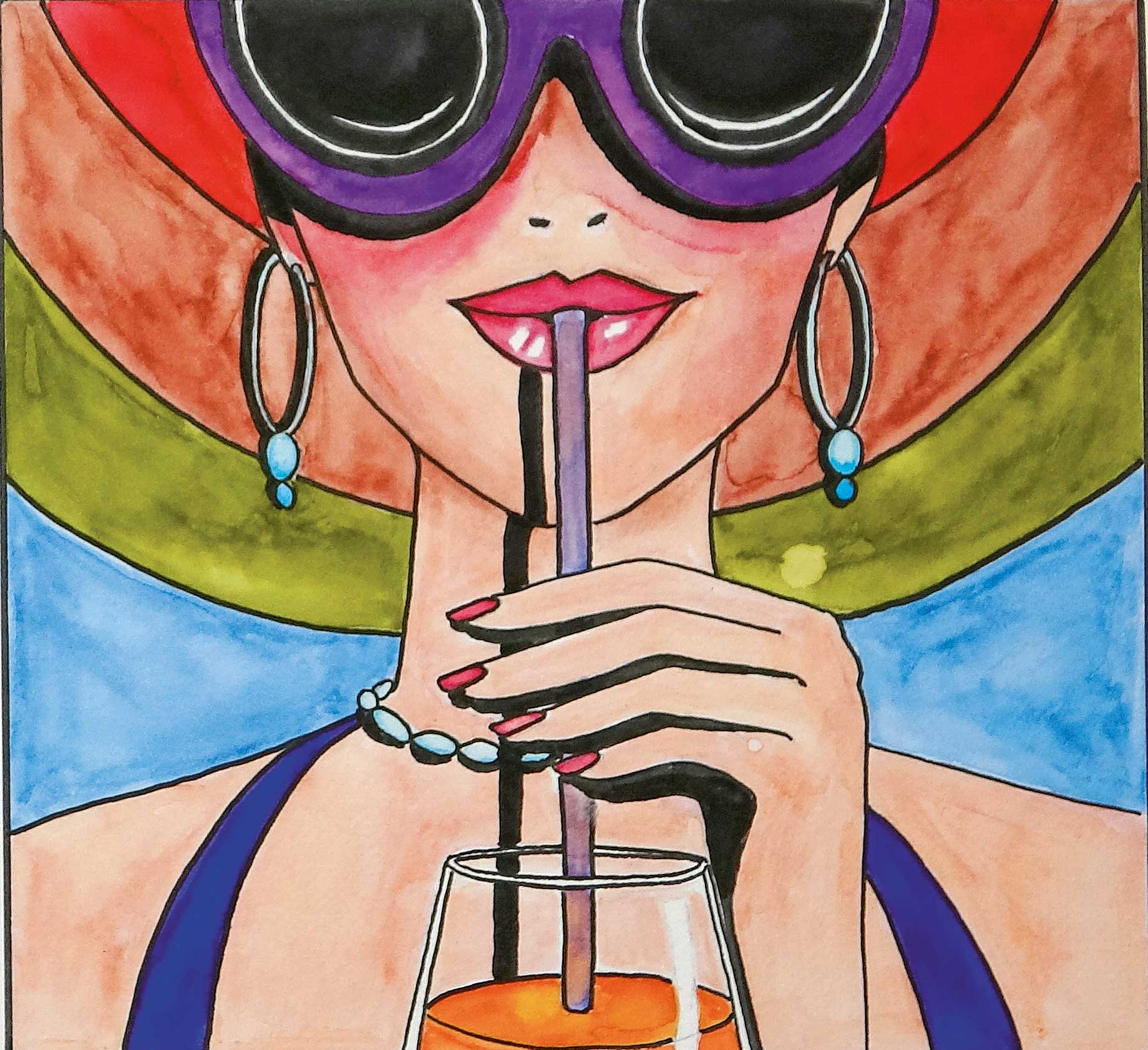 Modisches Sommerkleid in Blau, große Sonnenbrille und bunte Ohrringe, stilvoller Lippenstift und Nagellack.