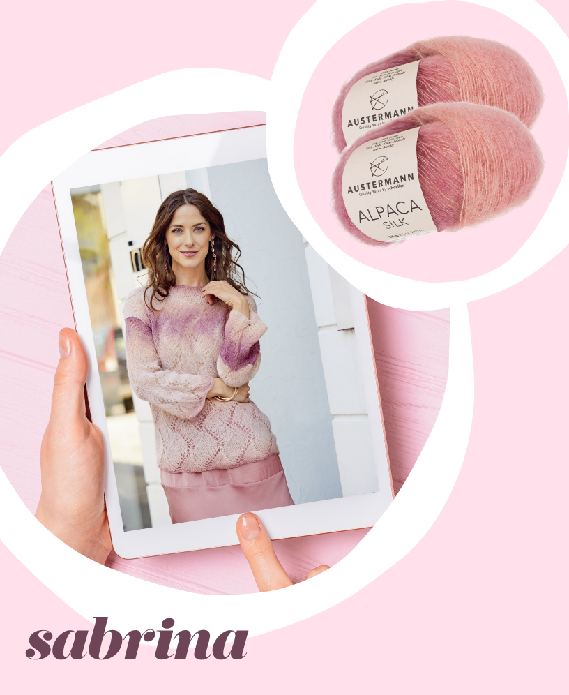 Strickset - Pullover mit Lochmuster Gr. 44/46 Modischer Pullover in Rosa- und Lila-Verlauf. Handgestrickt, luftiges Muster, weicher Faden. DIY-Chic.