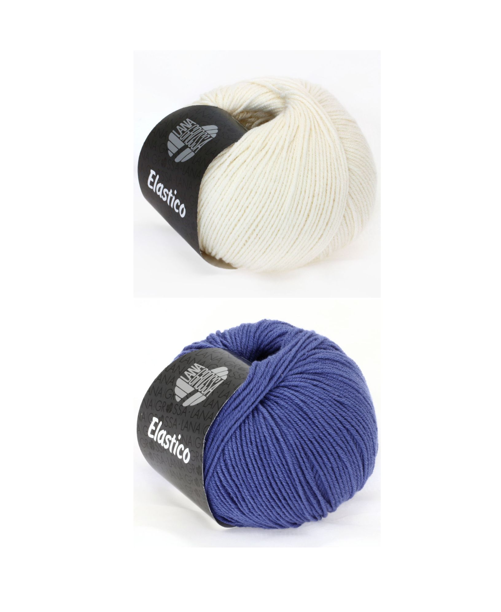 Klassische Elastico Wolle in sanftem Cremeweiß und tiefem Blau, ideal für modische DIY-Strickprojekte.
