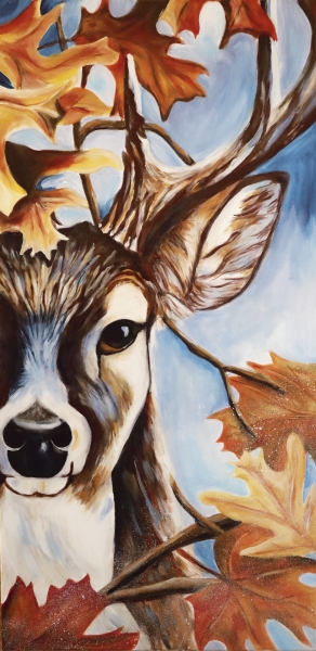 Buntes Hirschgemälde mit warmen Herbstfarben, kunstvoll gemalt, detailreich, handgemalt, DIY-Look.