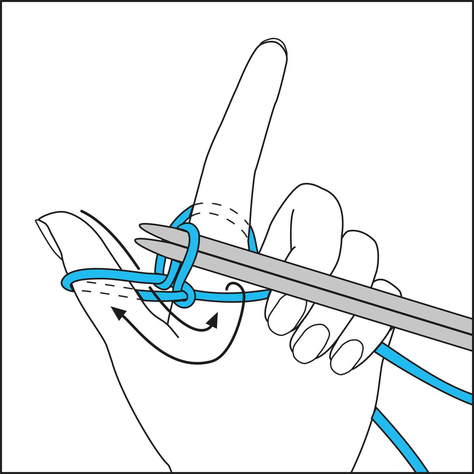 Illustration: Blaue Schlaufe über Finger, graue Stricknadeln. DIY, handgemachte Techniken.