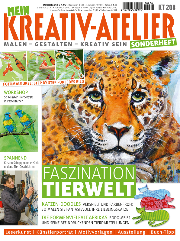 Bunte, verspielte Tierzeichnungen. Farbenfrohe Muster verleihen jedem Bild eine einzigartige handgemachte Note.