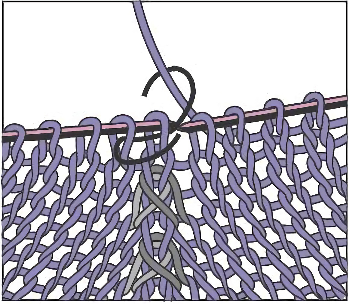 Lila Garn mit komplexem Zopfmuster. Handgemacht und detailreich; zeigt fortgeschrittene Stricktechniken.