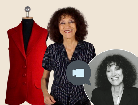 Rote Weste, klassischer Schnitt, modisch; Bluse, schwarz-weiß gepunktet, DIY-Charme, handgemacht.