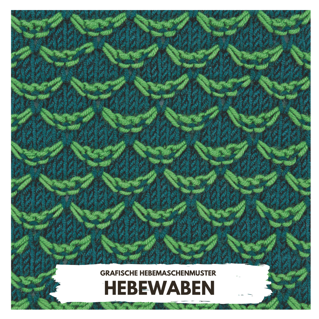Blaues Strickmuster mit grünen grafischen Hebemaschen. Modisch, handgefertigt, individuelles Design.