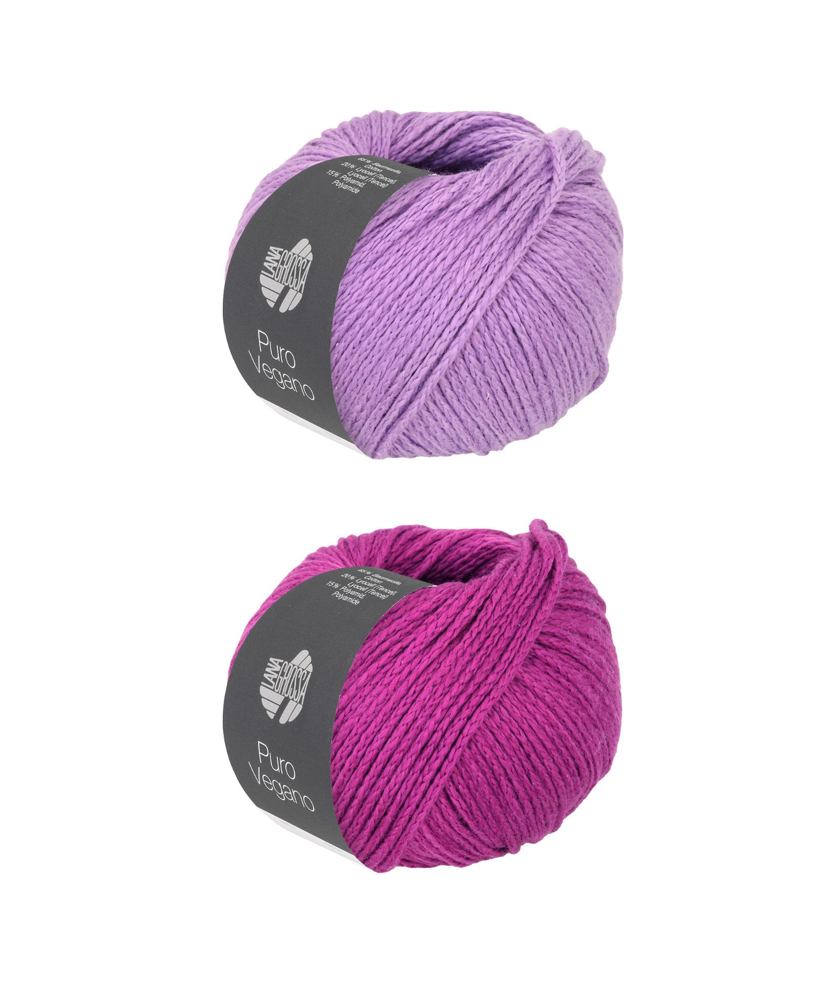 Zwei Knäuel Garn: Lila und Pink. Perfekt für handgemachte DIY-Projekte. 100% vegane Materialien.