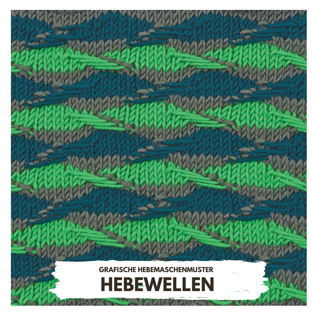 Modisches Hebemaschenmuster mit lebendigen Grüntönen, blauem und grauem Kontrast. Handarbeit, einzigartig und DIY.