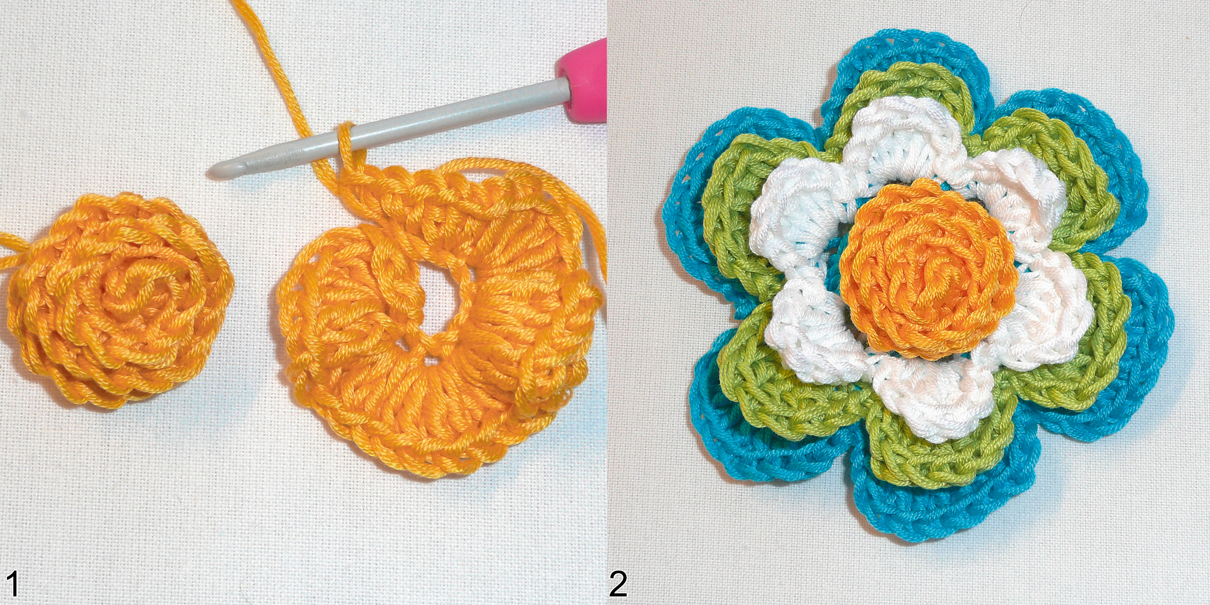 Handgemachte Häkelblume in Gelb, Weiß, Grün und Blau. Bunte Schichten, blumenförmig, kreativ und modisch.