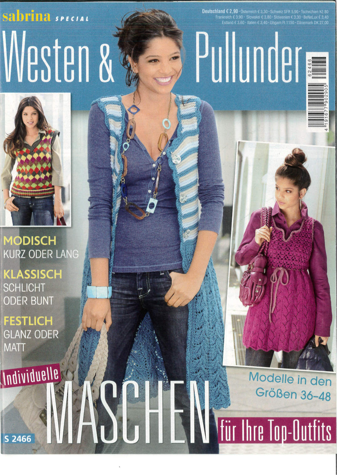Gehäkelte, modische Weste in Blau und Lila, einzigartiges Muster, handgemacht, trendy, perfekter DIY-Look.