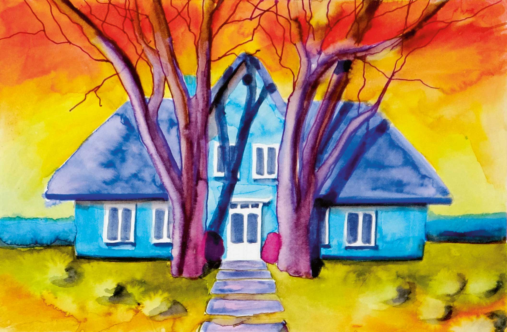 Blaue Hausstruktur in Aquarell mit lebendigen Farben und handgezeichneten Linien. Kreativ und lebendig gemalt.