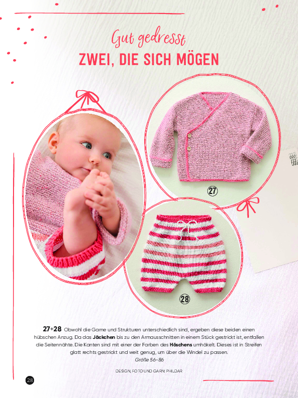 Rosa Strickjacke & gestreifte Hose, modisch, handgemacht, gemütlich, weicher Stoff, DIY-Charme.