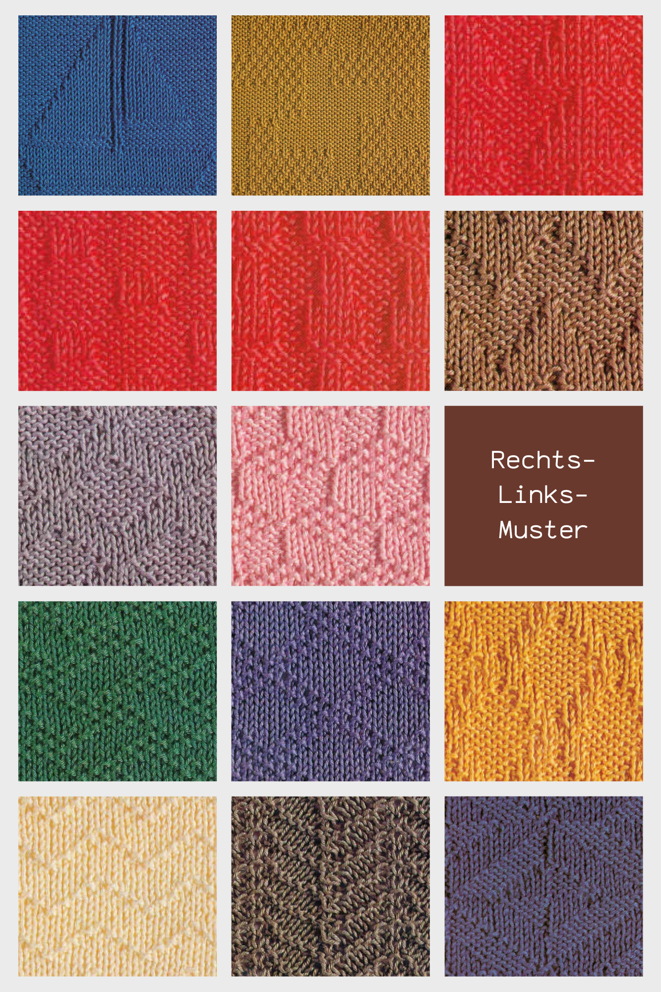 Vielfältige, handgefertigte Strickmuster in leuchtenden Farben: Blau, Rot, Grün. Kreativ und kunstvoll verarbeitet.