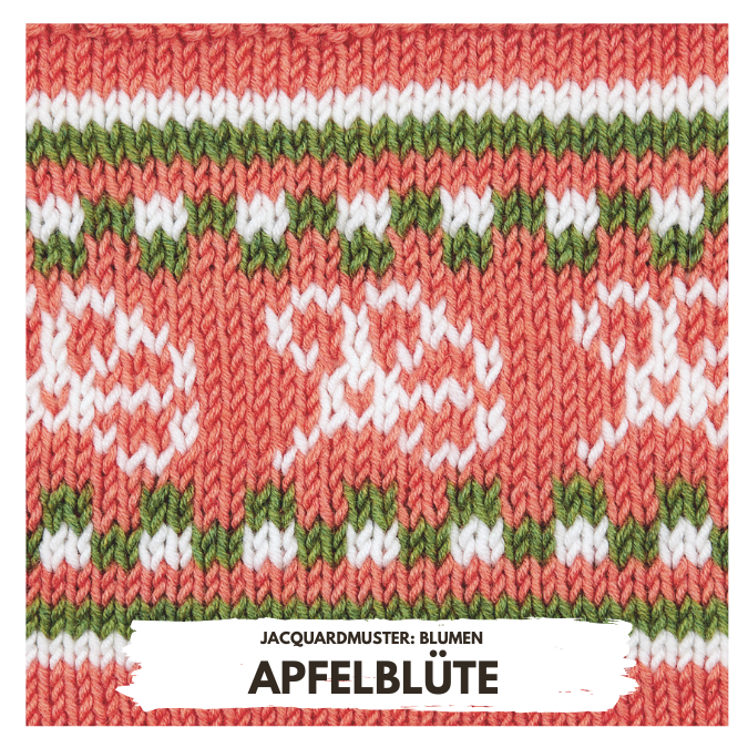 Modisches Jacquard-Muster in Koralle und Grün, florale Details, handgemachte Optik, rustikaler Charme.