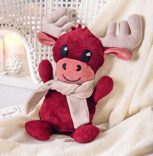 Roter Plüsch, beige Schal, Riesenaugen. Handgemacht, süß, perfekt für Winterdeko oder als Geschenk.