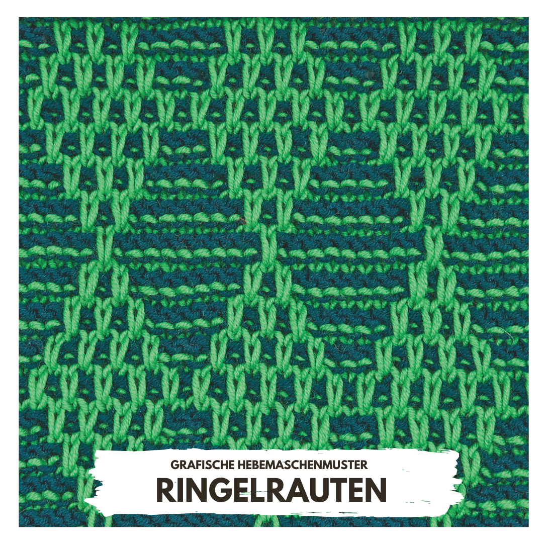 Modisches, handgemachtes Strickmuster in Grün und Blau mit einzigartigen Rauten. DIY-Charakter.