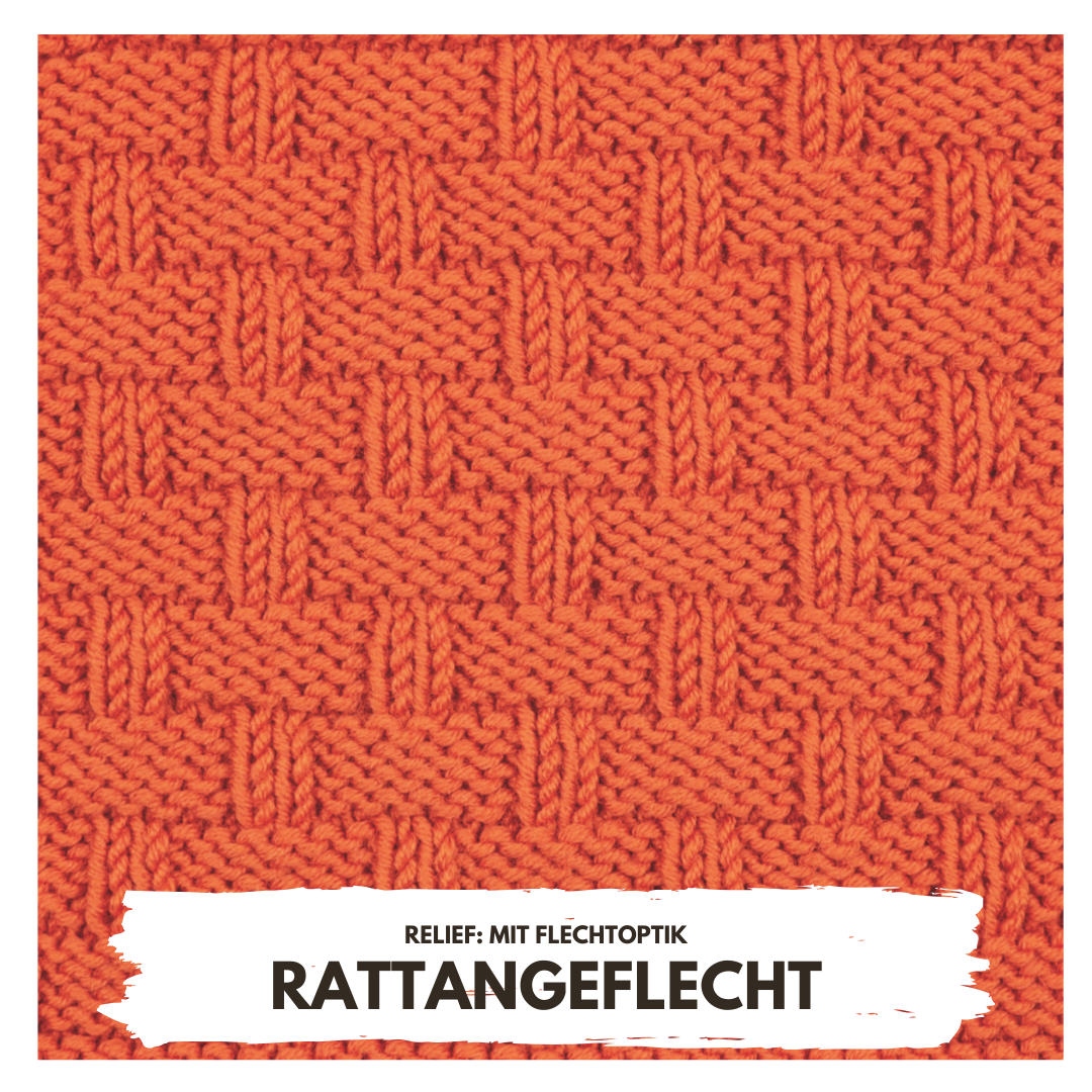 Modisches, selbstgemachtes Strickmuster in leuchtendem Orange mit geflochtener Reliefoptik. Ideal für DIY-Projekte.