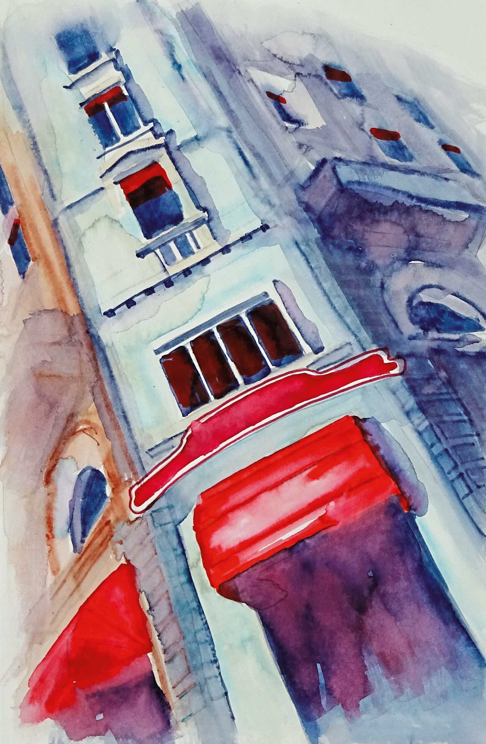 Lebendige Aquarelle, rote Akzente heben sich gegen kühle Blautöne ab, künstlerische Gestaltung mit handgemaltem Flair.