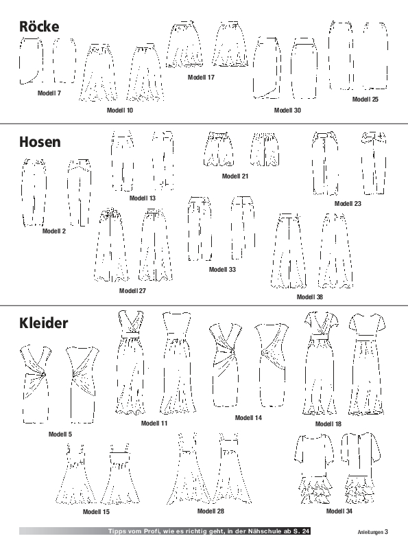 Stilvolle Kleidungsentwürfe: Röcke, Hosen, Kleider mit klaren Linien, kreativen Mustern und modernen Schnitten.