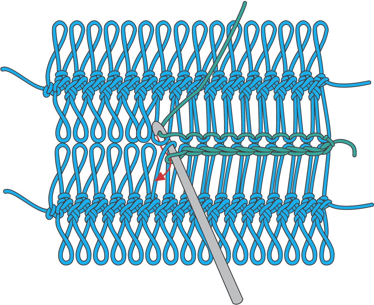 Blaues, handgestricktes Muster in Schleifenoptik mit Häkelnadel - DIY Handarbeit.