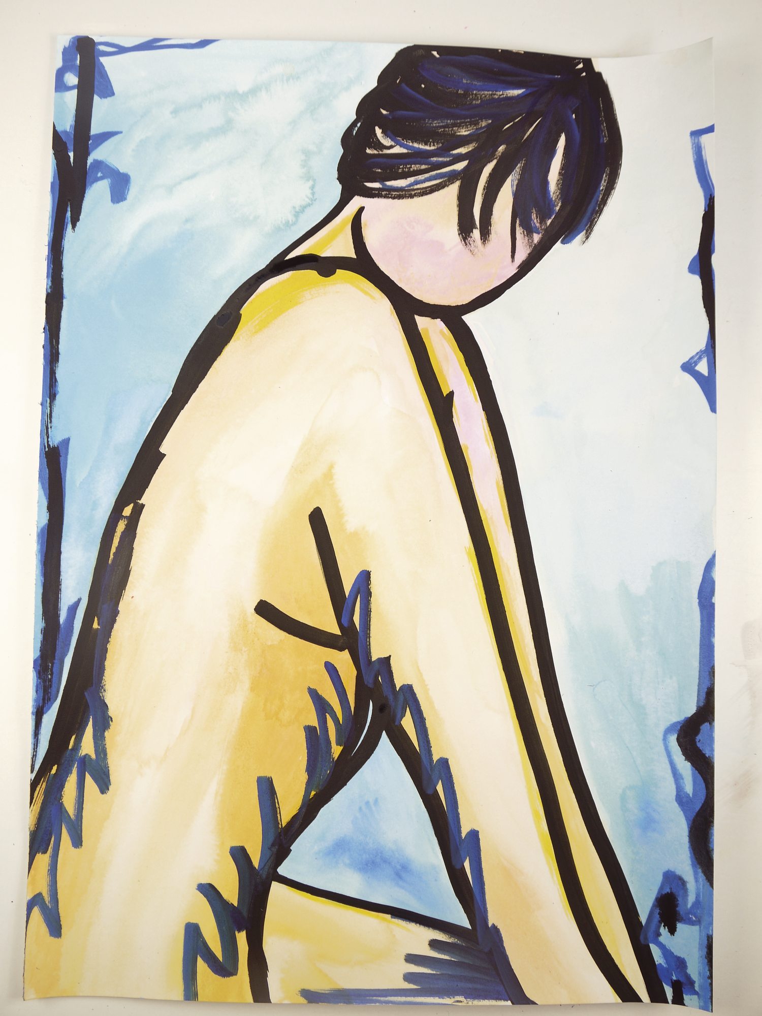 Moderne Kunst mit sanften Blautönen und kräftigen Linien, abstrakt, handgemacht, kunstvoll inszeniert.