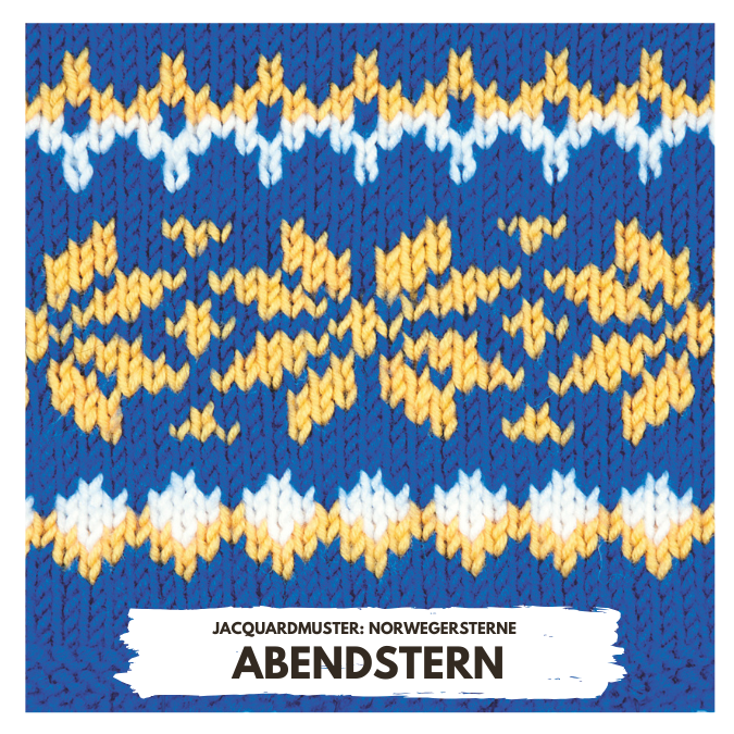 Blauer Jacquardstrick mit gelben und weißen Norwegermuster; DIY-Stil, einzigartig und kunstvoll.