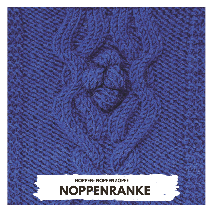 Blaues Strickmuster, kunstvoll geflochtene Zopfnoppen. Modisch, handgemacht, exklusiv.