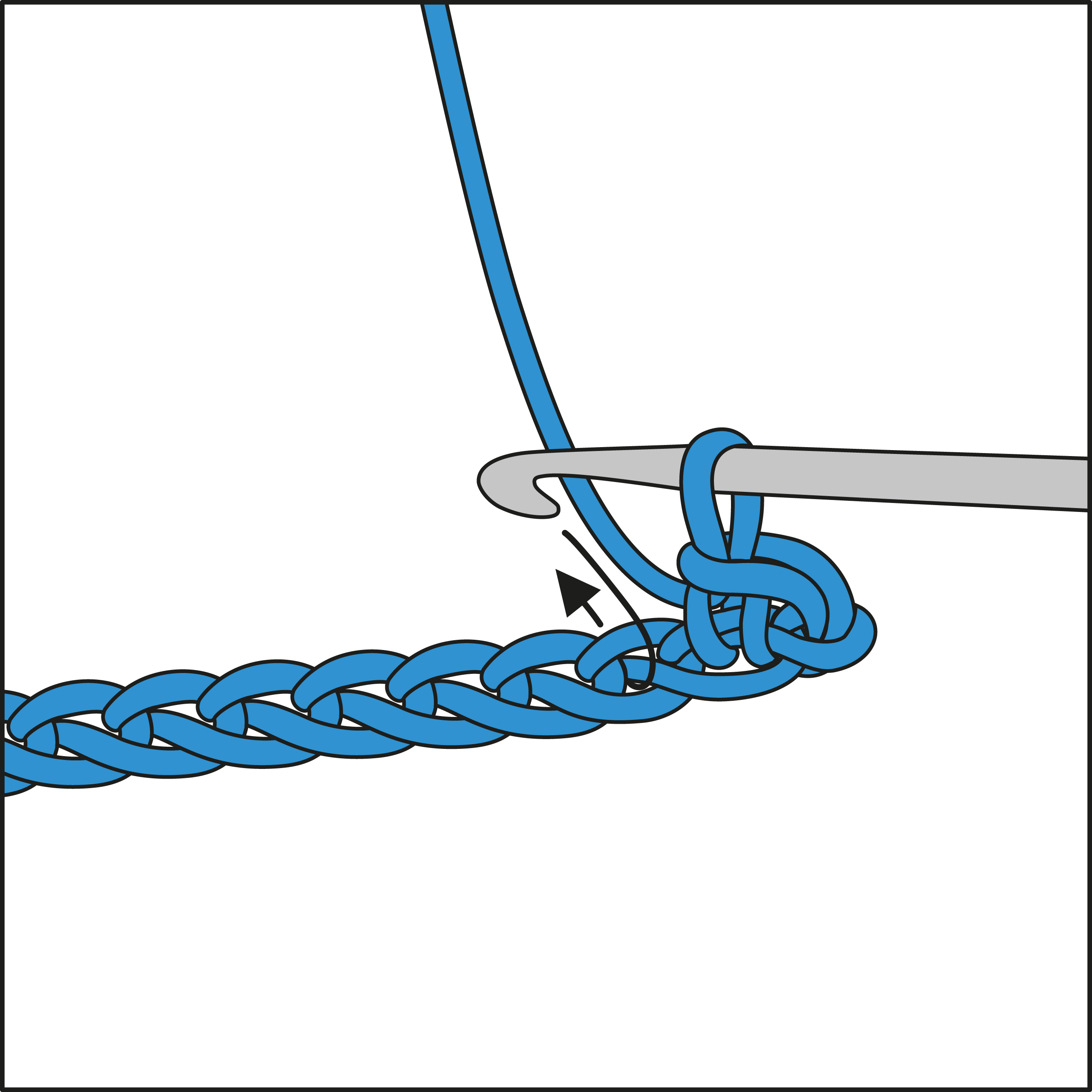 Handarbeit mit blauem Garn und Häkelnadel, stilvolle DIY-Technik in klaren Linien und einfachem Design.