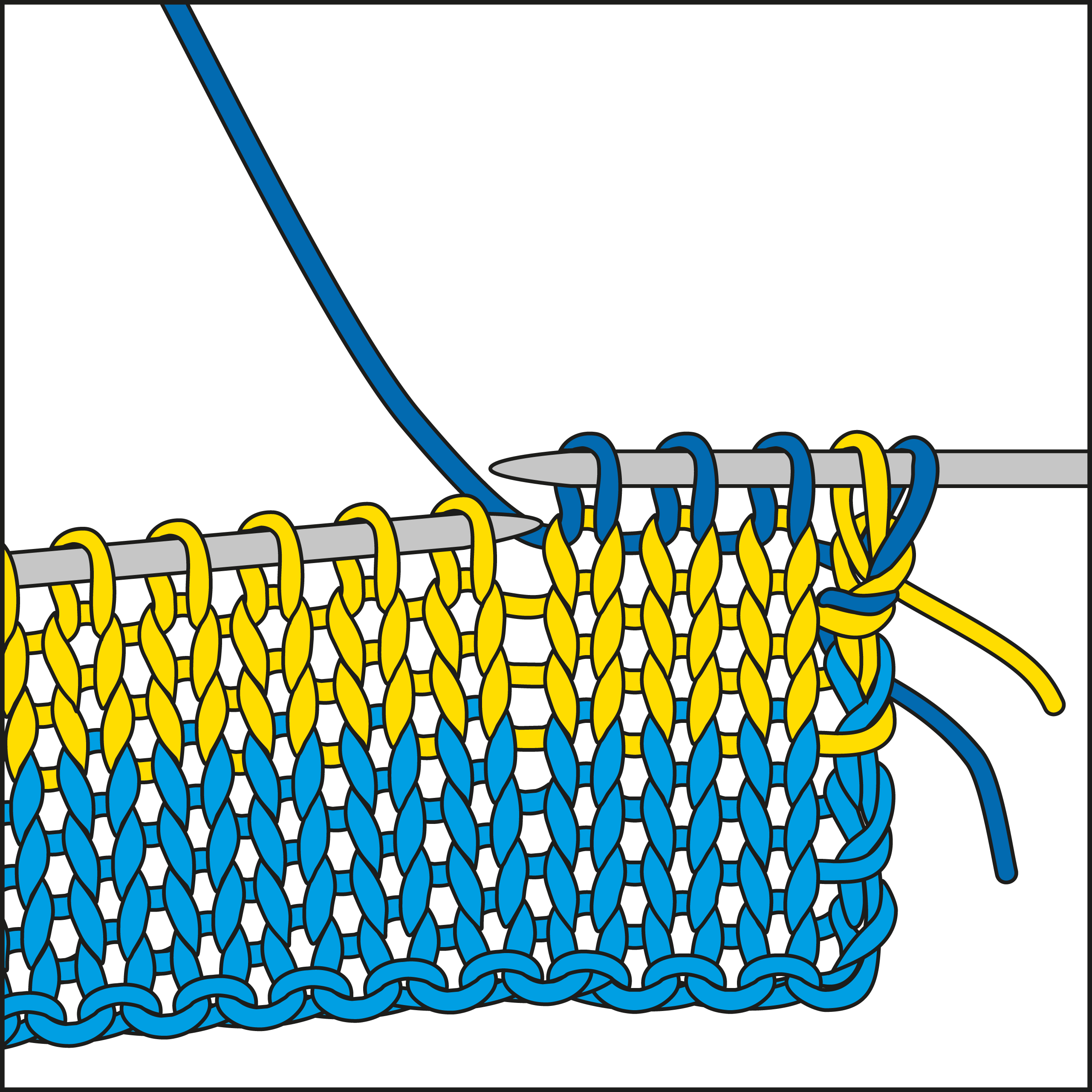 Handgemachtes Strickmuster in Blau und Gelb, mit gleichmäßigen Maschenreihen; modisches DIY-Design.