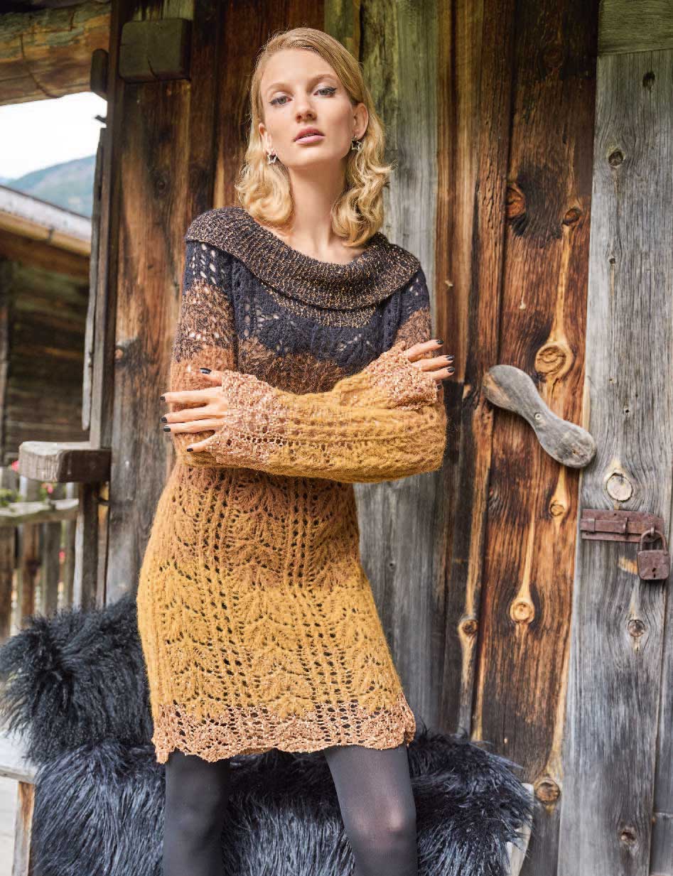 Modisches Strickkleid, Farbverlauf von Schwarz zu Braun, Spitzenmuster, weiter Ausschnitt, handgemacht.