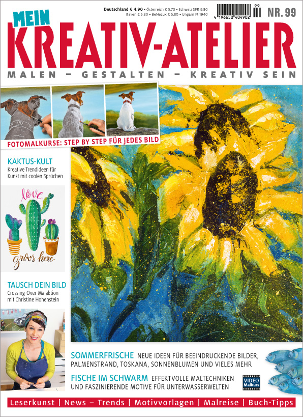 Moderne Malerei mit Sonnenblumen, kräftige Gelb- und Blautöne; handgemacht, kreativ, künstlerisches Design.