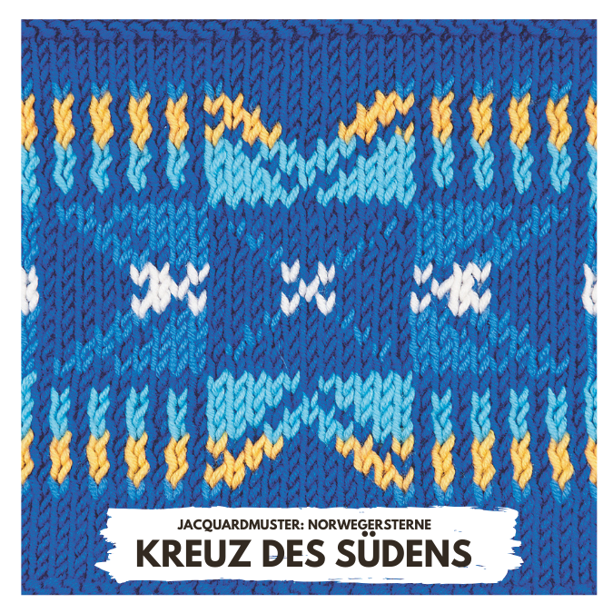 Modische Norwegersterne auf blauem Jacquardstrick, DIY-Stil, handgemacht, leuchtende Gelb- und Aquaakzente.
