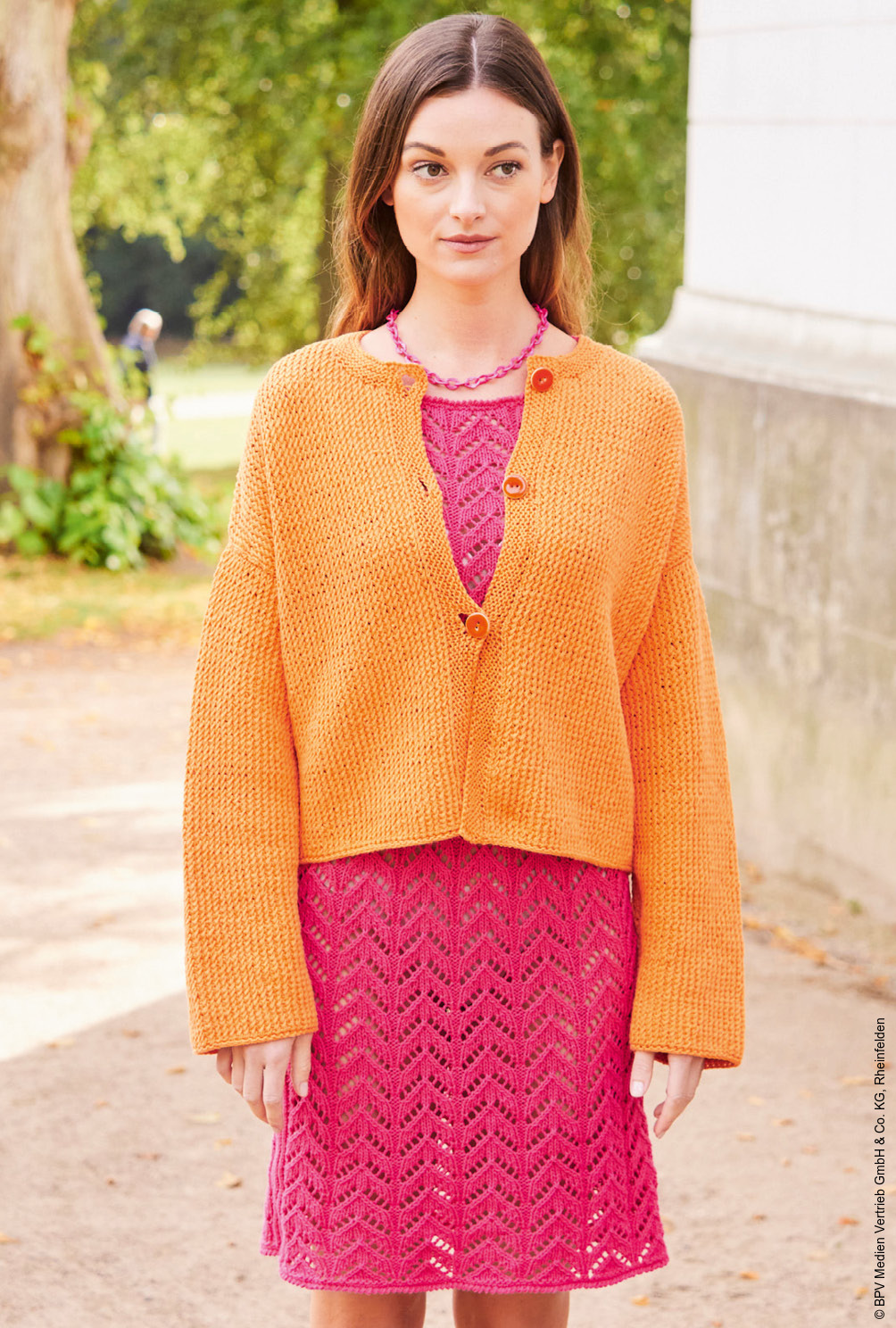 Set aus Jacke und Kleid in Fuchsia und Orange