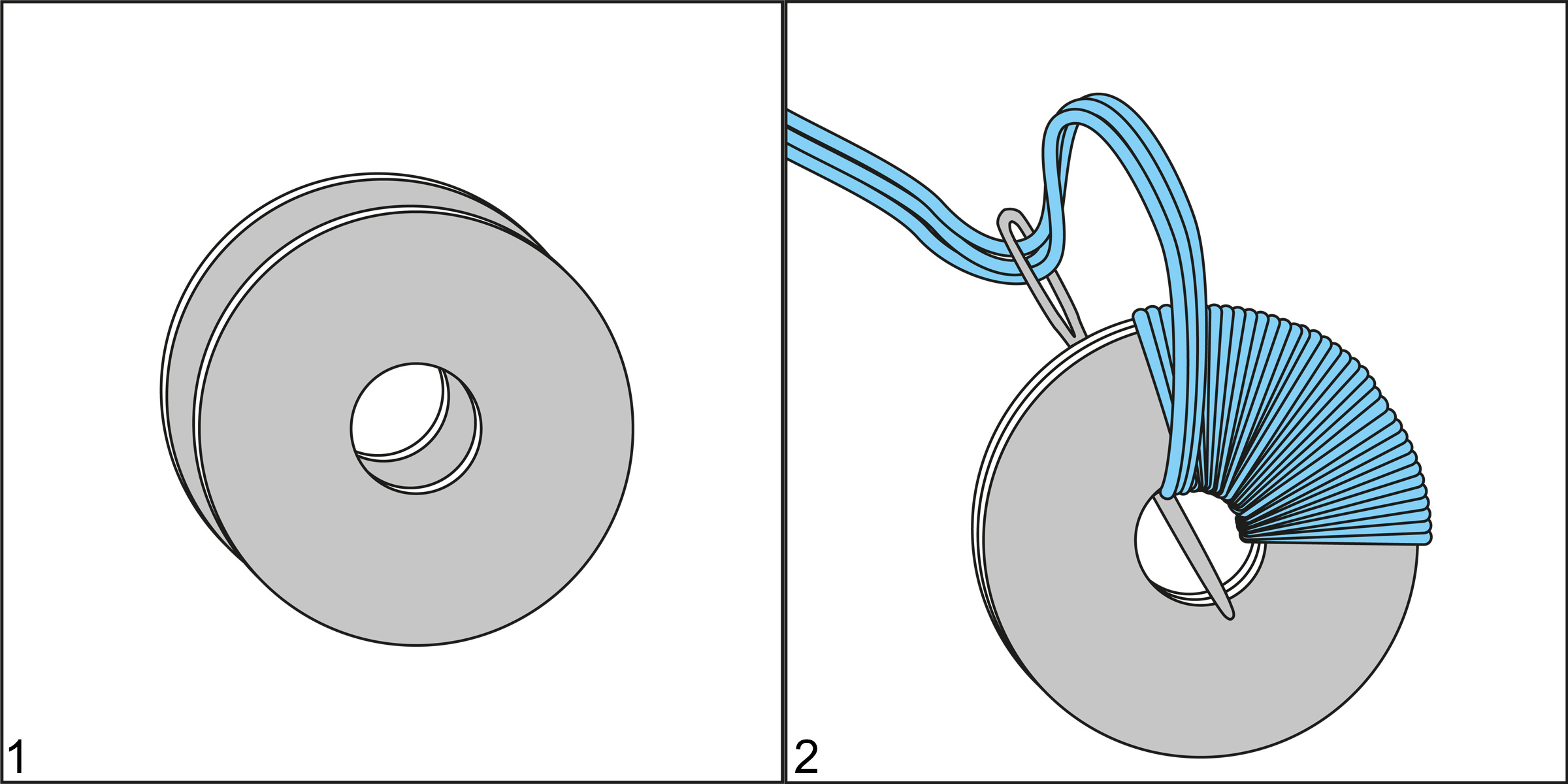 Graues Ringobjekt mit blauen Bändern gewickelt. Handgemacht, kreative Gestaltung.
