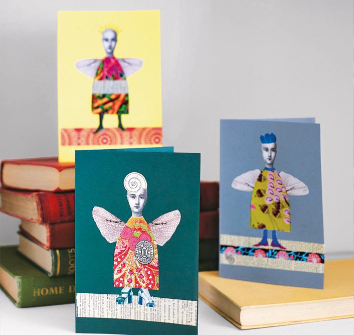 Bunte DIY-Collagen mit gemusterten Kleidern, kunstvoller Handarbeit und kontrastreichen Farbdesigns.