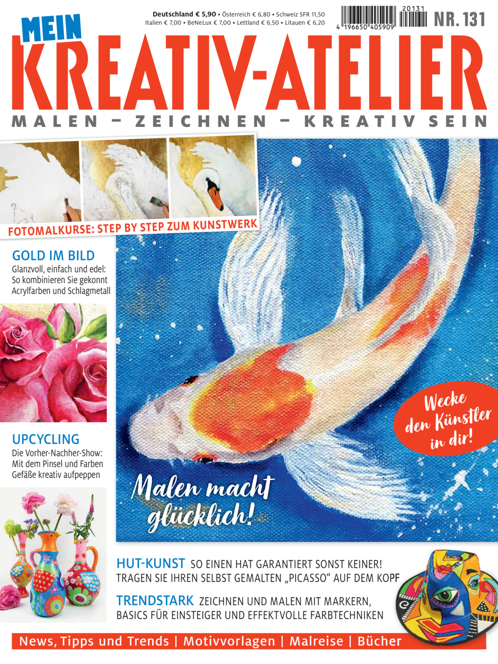 Bunter Koi auf blauem Hintergrund; farbenfroh und kunstvoll; DIY Malprojekt inspiriert. Modischer Trend im Kunst-Design.