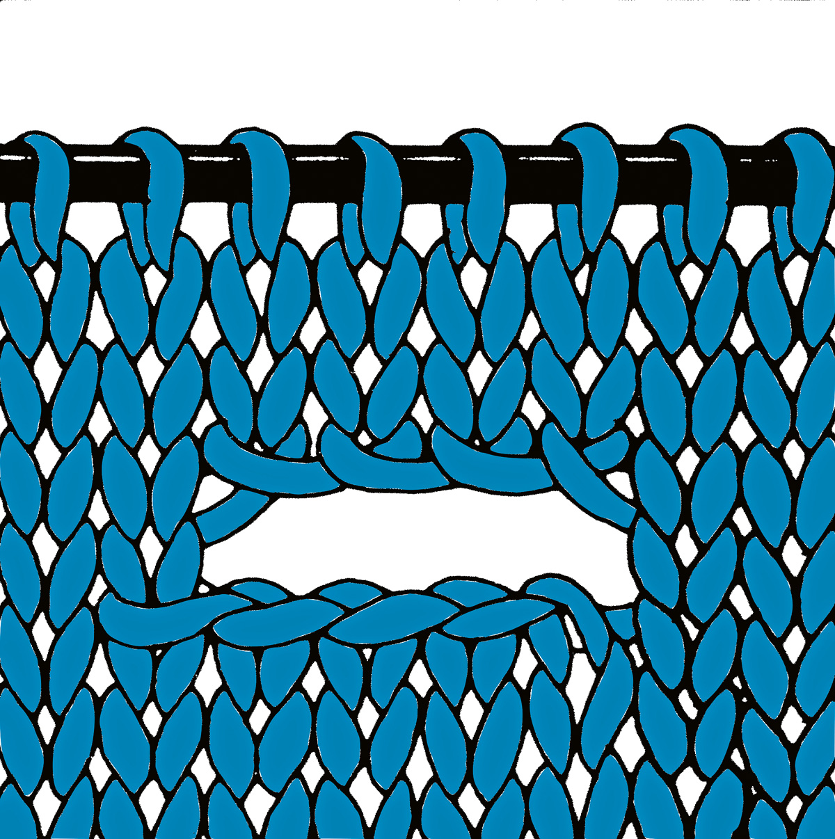 Blaues Strickmuster mit auffälliger Maschenöffnung; handgemacht, kreativ, textilartig, DIY Stil.