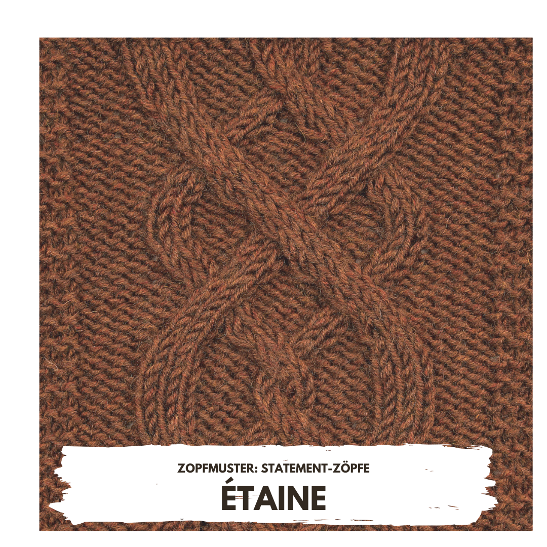 Braun, handgemacht, Zopfmuster, rustikal. Texturreiches Strickdesign, traditionell und modern zugleich.